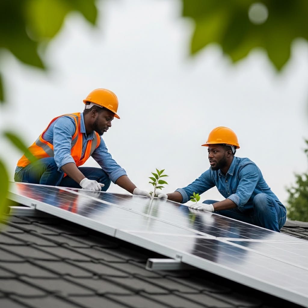 Panneaux solaires et éoliennes au coucher du soleil